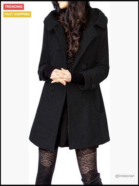 Warm Double Breasted Wool Pea Coat Trench Jacket with Hood
